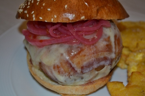 Bacon wrapped, roasted poblano pork burger